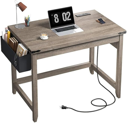 EnHomee 32" Farmhouse Writing Desk,Small Bedroom Desk with Power Outlet and Storage Bag, Sturdy Computer Desk for Small Spaces, Thickened Solid,Compact Home Office Desk for Bedroom Study,Ash Gray