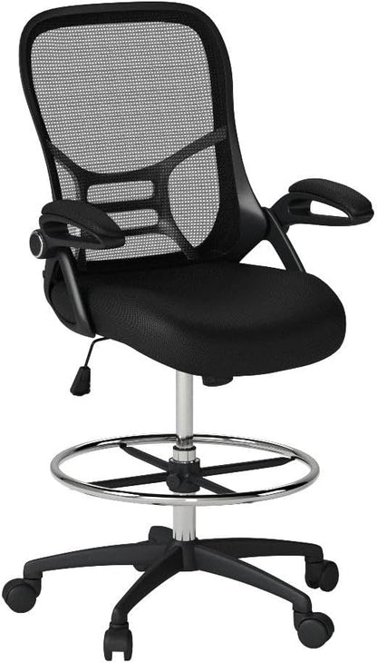HYLONE Drafting Chair Tall Office Chair High-Back Mesh Standing Desk Stool with Adjustable Footrest Ring and Flip-Up Arms Black