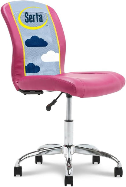 Serta Essential Armless Task Chair, Small Desk Chairs with Wheels, Breathable Mesh Back and Faux Leather, Quality Foam Cushion Seat for Comfort, Minimal Design for Vanity Table, Pink
