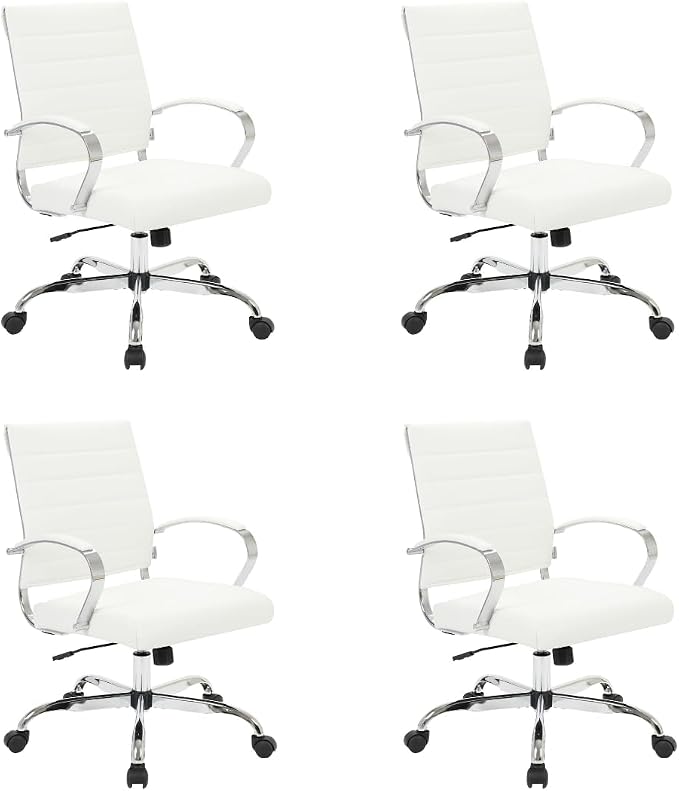 LeisureMod Benmar Leather Office Desk Chair, Mid-Back Ergonomic Swivel Chair with Lumbar Support, Adjustable Height, Tilt Lock, Cushioned Seat & Back, Home Office Task Chair (White, Set of 4)