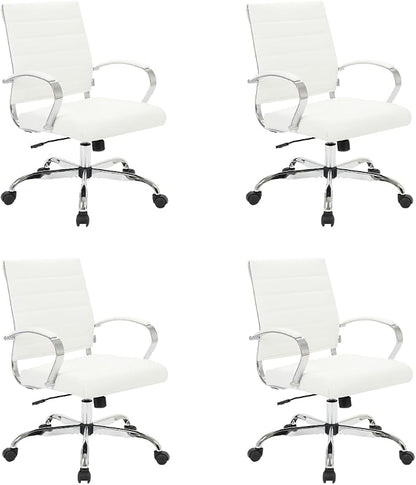 LeisureMod Benmar Leather Office Desk Chair, Mid-Back Ergonomic Swivel Chair with Lumbar Support, Adjustable Height, Tilt Lock, Cushioned Seat & Back, Home Office Task Chair (White, Set of 4)