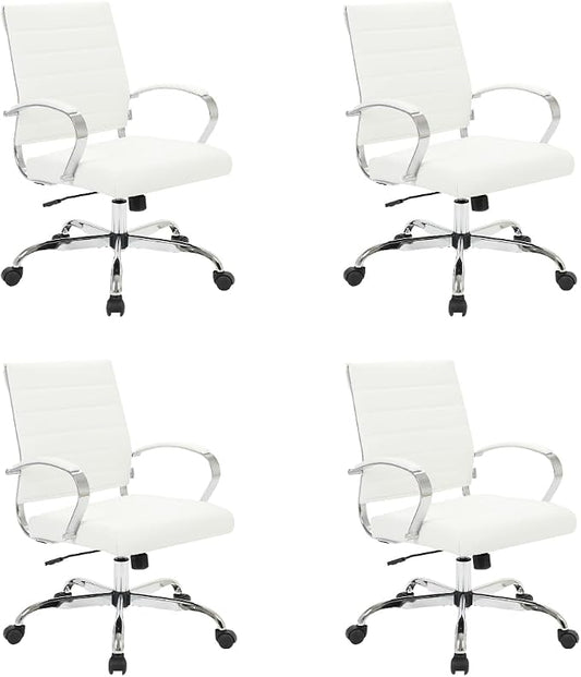 LeisureMod Benmar Leather Office Desk Chair, Mid-Back Ergonomic Swivel Chair with Lumbar Support, Adjustable Height, Tilt Lock, Cushioned Seat & Back, Home Office Task Chair (White, Set of 4)