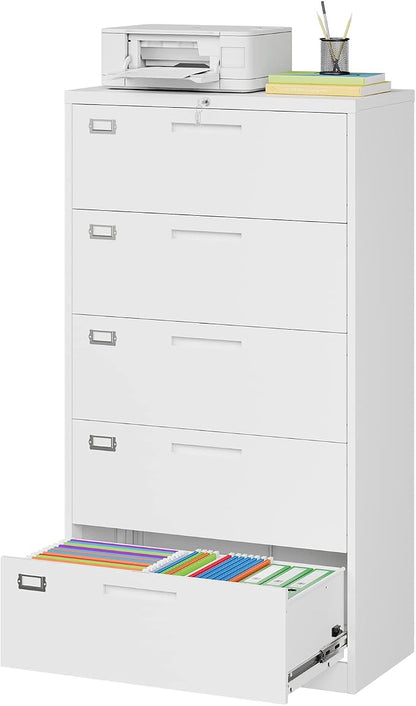 MIIIKO Lateral File Cabinet with Lock, 5 Drawer Metal File Cabinets 35.4" Wide, Home Office Locking Filing Cabinets for Legal Letter File Folders