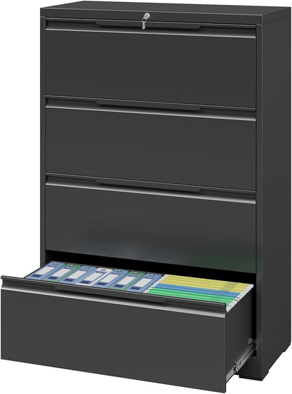 4 Drawer Lateral File Cabinet with Lock, Heavy-Duty Metal Vertical Filing Cabinet for Office, Steel Storage Compatible with Hanging Files Letter/Legal/F4/A4 Sizes, Black