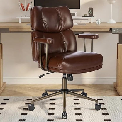 Mid-Century Modern Ergonomic Office Chair,Mid Back Faux Leather Executive Desk Chair with Walnut Bentwood,Tufted Adjustable Swivel Computer Chair for Home Office,Brown