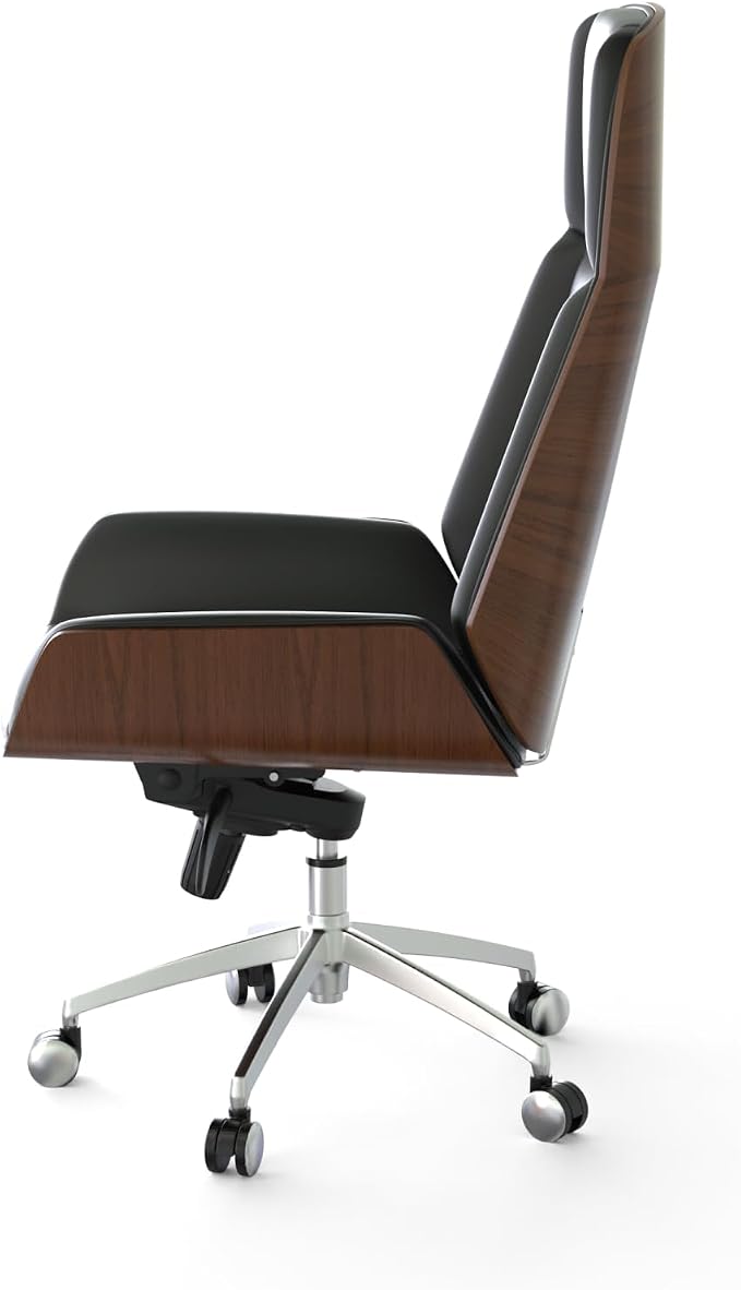 FOH Luxury Wooden Swivel and Adjustable Executive Chair, Wide Pu Leather Office Chair, Modern and Vintage Design High Back Computer Desk Chair for Conference Rooms and Home Offices (Black)