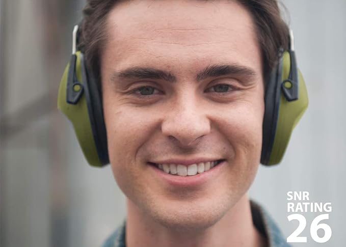 Earmuff hearing protection with low profile passive folding design 26dB NRR and reduces up to 125dB
