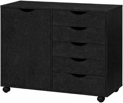 Naomi Home Under Desk Rolling Office File Cabinet with 5 Drawers & Side Storage Cabinet, Mobile Organizer with Shelves & Swivel Casters for Home Office - Distressed Black