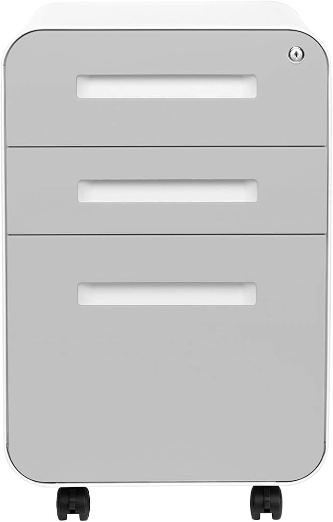 Laura Davidson Furniture Stockpile 3 Drawer File Cabinet with Lock - Under Office Desk Metal Filing Cabinet, Legal/Letter File Folders, Wheels and Stationary Feet, Pre-Assembled, Light Grey Faceplate