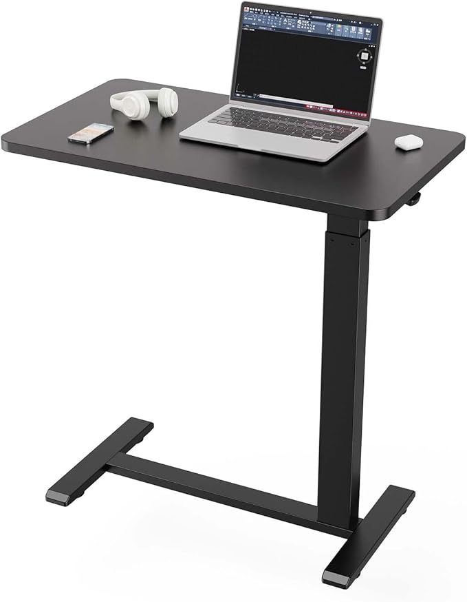 Ywin Medical Hospital Overbed Table with Wheels, Pneumatic Lift, Black | Rolling Bedside Table, Adjustable Height 27–43Inch, Mobile Portable Laptop Desk Perfect for Home Use, Patient Care, Office