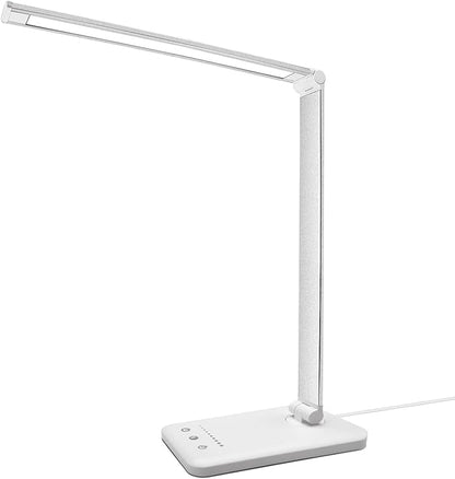 LED Desk Lamp with USB Charging Port, 5 Color Modes, 10 Dimmable Brightness Levels, Eye-Caring Reading Light, Touch Control & 30/60 min Auto Timer, Silver