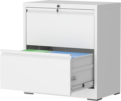 2 Drawer Lateral File Cabinet with Lock, Metal Lateral Filing Cabinets for Home Office, File Cabinet, File Storage Cabinet for Legal/Letter/A4 Documents, Assembly Required, White, 26'W