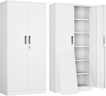 71" H Tall Metal Storage Cabinet with Lock and 5 Adjustable Shelves, Metal Garage Storage Cabinet for Home, Office, Garage, Warehouse Organize, White