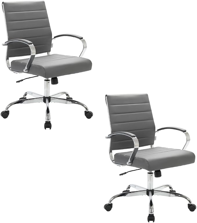 LeisureMod Benmar Leather Office Desk Chair, Mid-Back Ergonomic Swivel Chair with Lumbar Support, Adjustable Height, Tilt Lock, Cushioned Seat & Back, Home Office Task Chair (Grey, Set of 2)