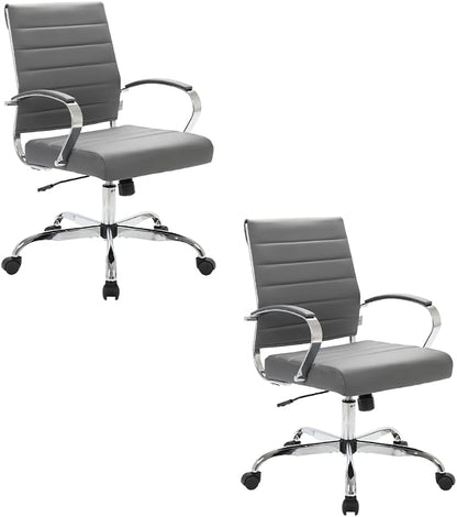 LeisureMod Benmar Leather Office Desk Chair, Mid-Back Ergonomic Swivel Chair with Lumbar Support, Adjustable Height, Tilt Lock, Cushioned Seat & Back, Home Office Task Chair (Grey, Set of 2)