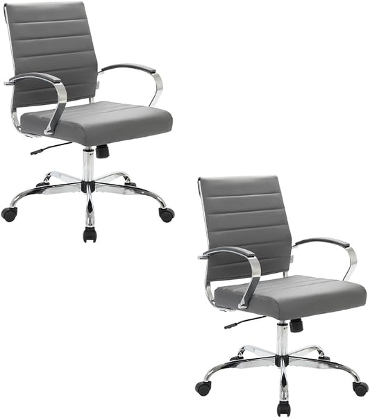 LeisureMod Benmar Leather Office Desk Chair, Mid-Back Ergonomic Swivel Chair with Lumbar Support, Adjustable Height, Tilt Lock, Cushioned Seat & Back, Home Office Task Chair (Grey, Set of 2)