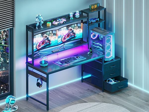 Casaottima 55 Inch Gaming Desk with Hutch & 3 Fabric Drawers, Computer Desk with USB Ports & LED Lights, Reversible Pc Gamer Table with Monitor Stand for Home Office, Carbon Fiber Black