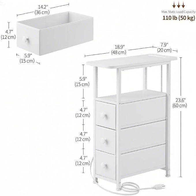 DALEMHOME Narrow End Table with Charging Station, Narrow Side Table with Drawer, Small Nightstand with LED Light, Skinny Nightstand, Small Bedside Table for Living Room, Bedroom, Couch, White