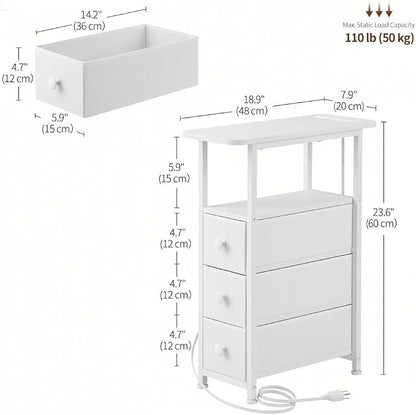 DALEMHOME Narrow End Table with Charging Station, Narrow Side Table with Drawer, Small Nightstand with LED Light, Skinny Nightstand, Small Bedside Table for Living Room, Bedroom, Couch, White
