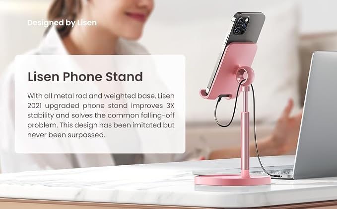 LISEN Phone Stand for Desk, iPhone Holder for Desk Offices Accessories | Vanity Decor, Cute Design, Pink Gifts Gadgets, Pink Bathroom Living Dorm Room Essentials Decor, iphone stand for desk