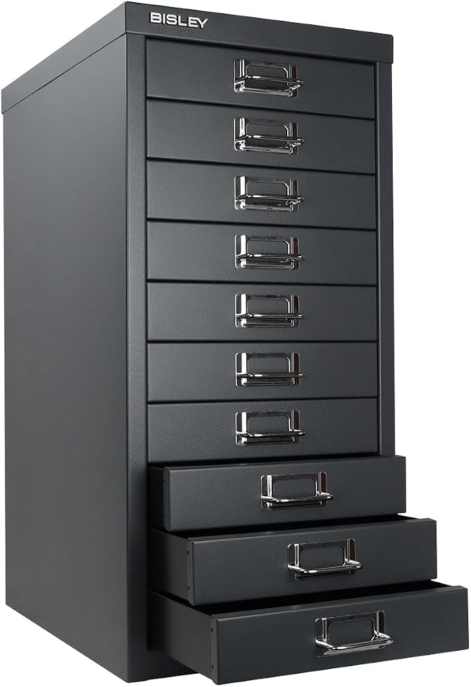Bisley 10-Drawer Steel MultiDrawer Cabinet - Anthracite Grey | Chrome Pull Handles with Label Holders, Powder-Coated Steel, Removable Drawers, Fits Under Most Desks, Labels Included