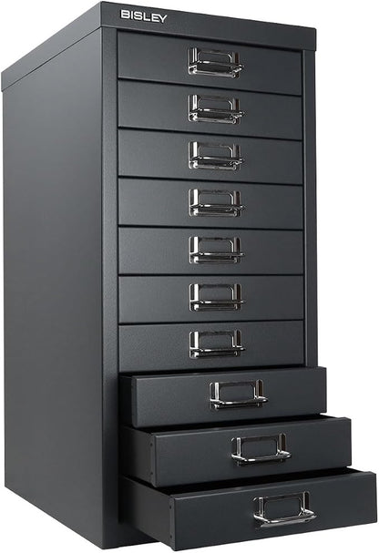 Bisley 10-Drawer Steel MultiDrawer Cabinet - Anthracite Grey | Chrome Pull Handles with Label Holders, Powder-Coated Steel, Removable Drawers, Fits Under Most Desks, Labels Included
