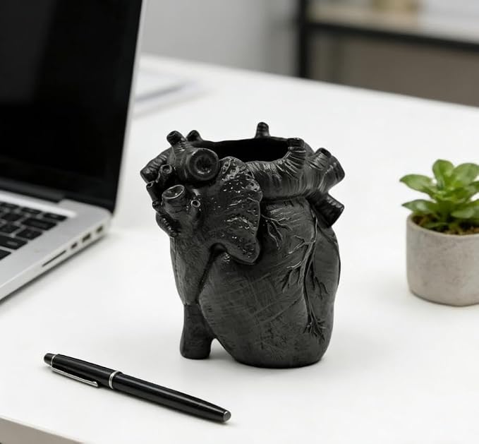 Heart-Shaped Pen Holder, 4.3" x 3.74" Human Heart Organ Shape Pen Holder, Gothic Makeup Brush Holder, 3D Realistic Hearts Anatomy Model for Makeup Brushes Pens,Desk Accessories (Black)