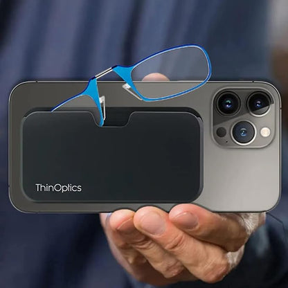 ThinOptics unisex-adult Reading Glasses + Black Universal Pod Case | Blue Frames, 2.00 Strength Readers Blue Frames / Black Case, 44 mm