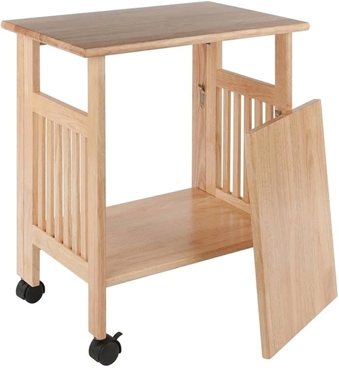Pemberly Row Portable Foldable Printer Stand, Solid Wood Construction, Natural Finish, 27.17"H x 24.02"W x 16.22"D, Swivel Casters with Locking Wheels, Transitional Style Home Office or Kitchen Use