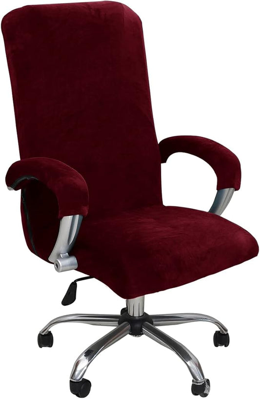 Velvet Plush Office Desk Chair Cover, Wine Red, XL | Wide Large, Cat Proof Stretchable Protector, For Ergonomic Desk Chair with Wheels and Armrests, Comfy Mesh Executive Chair