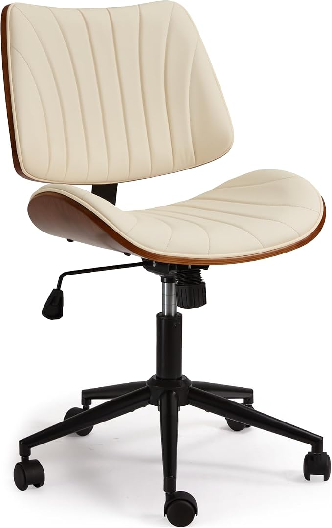 EROMMY Armless Office Desk Chair,Wooden Back Small Office Desk Chair No Arms Adjustable Height Modern Armless Chairs with Swivel Wheels for Small Spaces, Beige