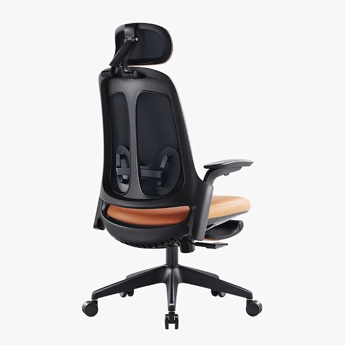 Sunaofe Boss Pro Leather Ergonomic Office Chair with Footrest - Executive Chair, 4D Armrests, Adaptive Lumbar, 125° Recline, 300lb Capacity, 5-Year Warranty Black Frame/Brown