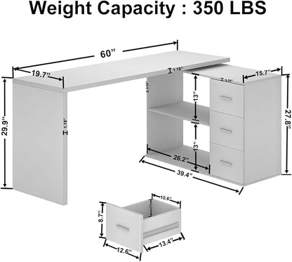 HSH White L Shaped Desk with Drawers Shelves, Corner Home Office Desk L Shape with Storage Cabinet, Large Wood Computer Desk for PC Executive Work Writing Study, Modern Living Room Bedroom Table,60 In