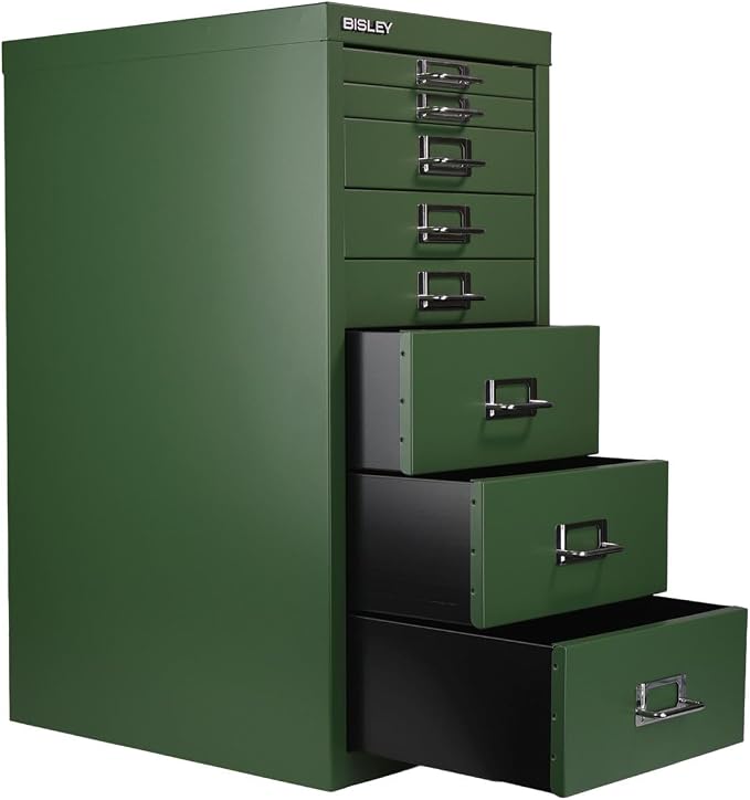 Bisley 8-Drawer Steel MultiDrawer Cabinet - Olive Green | Chrome Pull Handles with Label Holders, Powder-Coated Steel, Removable Drawers, Fits Under Most Desks, Labels Included