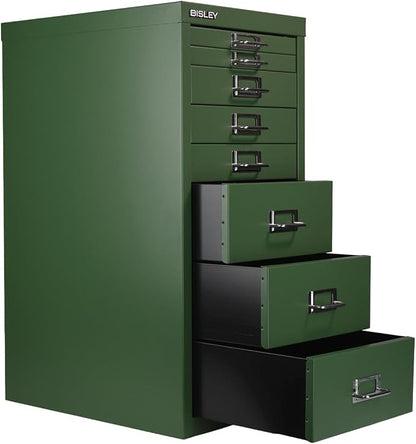 Bisley 8-Drawer Steel MultiDrawer Cabinet - Olive Green | Chrome Pull Handles with Label Holders, Powder-Coated Steel, Removable Drawers, Fits Under Most Desks, Labels Included
