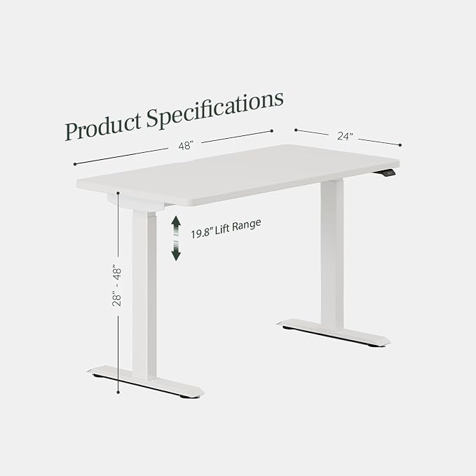Branch Duo Standing Desk 48 Inches - Adjustable Standing Desk with 20” Range - OLED Control Panel - Frameless Design & Compact Size Suitable for Many Spaces - White Base - White Top