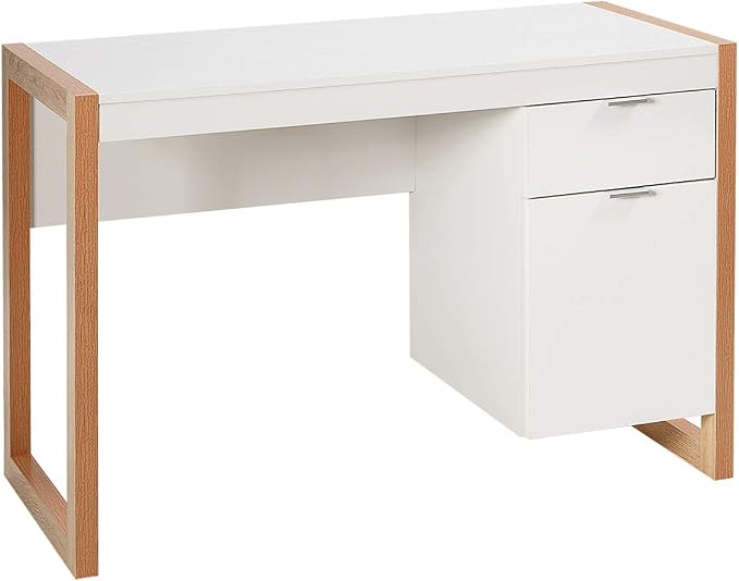 Tangkula Wooden Home Office Desk with Drawer & Cabinet, PC Laptop Workstation Study Writing Desk, Ideal for Bedroom Home Office (White & Natural)