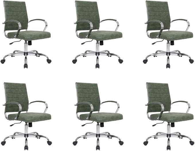 LeisureMod Benmar Leather Office Desk Chair, Mid-Back Ergonomic Swivel Chair with Lumbar Support, Adjustable Height, Tilt Lock, Cushioned Seat & Back, Home Office Task Chair (Green, Set of 6)