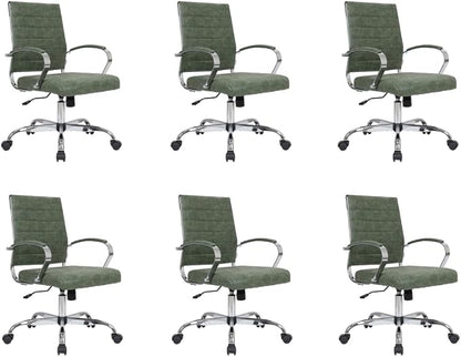 LeisureMod Benmar Leather Office Desk Chair, Mid-Back Ergonomic Swivel Chair with Lumbar Support, Adjustable Height, Tilt Lock, Cushioned Seat & Back, Home Office Task Chair (Green, Set of 6)
