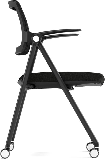 Stackable & Foldable Office Chair Set of 2, Folding Desk Chair with Flip-Up Armrest, Breathable Mesh, Thick Seat Cushion & Rocking Backrest, Conference Room Chair with Wheel (Black)