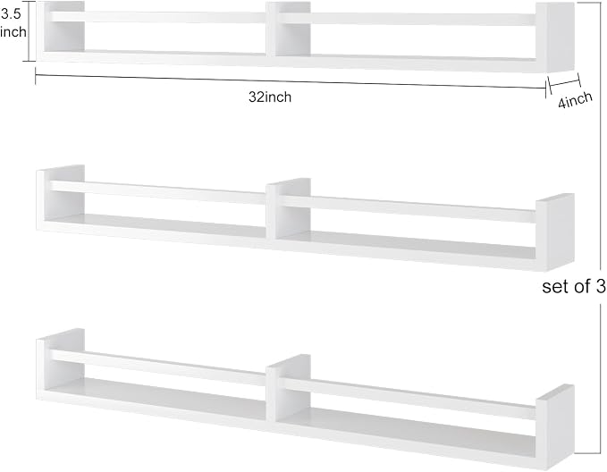 White Nursery Bookshelves,32Inch, Floating Nursery Shelves - Set of 3 - Book Shelf Organizer for Baby Nursery Room Decor, Wall Shelves for Kitchen Spice Rack, Pine