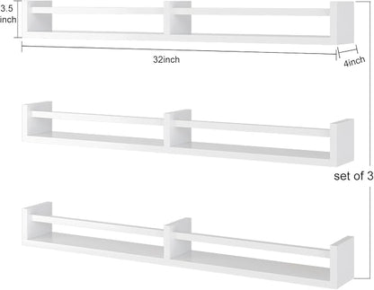 White Nursery Bookshelves,32Inch, Floating Nursery Shelves - Set of 3 - Book Shelf Organizer for Baby Nursery Room Decor, Wall Shelves for Kitchen Spice Rack, Pine