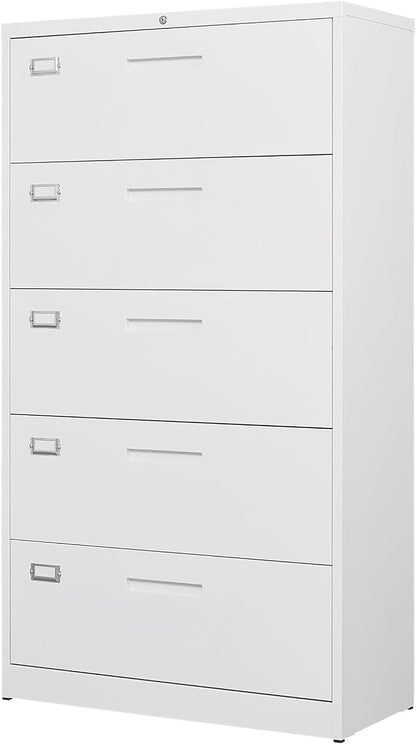 Letaya Lateral 5 Drawer File Cabinet with Lock,Metal Wide White Filing Cabinets for Home Office Storage A4/F4/Letter/Legal(Assembly Required)