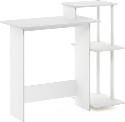 Furinno Efficient 29-Inch White Computer Desk with Side Shelves, Gaming Desk with 3 Open Shelves, Home Office Desk, for Home Office, Study Room, Dorm, Bedroom, Plain White