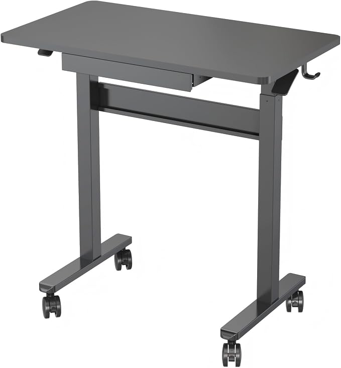 Standing Desk for Walking Pad with Wheels, Pneumatic Cordless Height Adjustable Rolling Desk, Mobile Computer Workstation with Drawer Hook Locking Casters for Treadmill & Home Office, Black