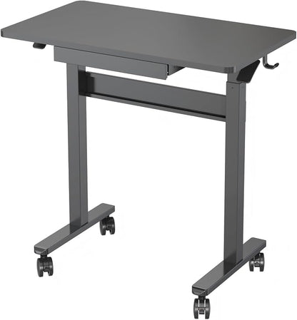 Standing Desk for Walking Pad with Wheels, Pneumatic Cordless Height Adjustable Rolling Desk, Mobile Computer Workstation with Drawer Hook Locking Casters for Treadmill & Home Office, Black
