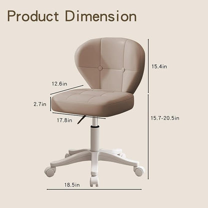 Vanity Chair with Back – Small Armless Office Chair with Wheels, Lumbar Support, PU Leather, Adjustable Height, 360° Swivel for Home, Bedroom, Office (Khaki Set of 1)