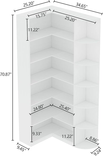 Loomie White Book Shelf, 6 Tiers Shelf Large Tall Corner Etagere Bookcase with Full Baffle, L-Shaped Modern Storage Display Industrial Bookshelves for Bedroom, Home Office, Living Room & Kitchen