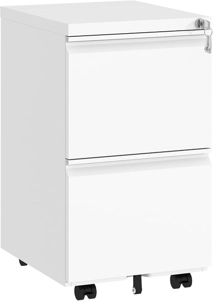 2 Drawer File Cabinet with Lock,Under Desk Filing Cabinet for Home Office Storage Letter/Legal/A4,Mobile Steel Cabinets with Wheels,Fully Assembled,White