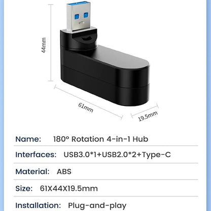 VIENON 4-Port USB 3.0 Hub [90°/180° Degree Rotatable], USB Splitter with PD-in 5W USB C Port, USB Extender for Laptop, Car, iMac, MacBook Air, MacBook Pro, and More